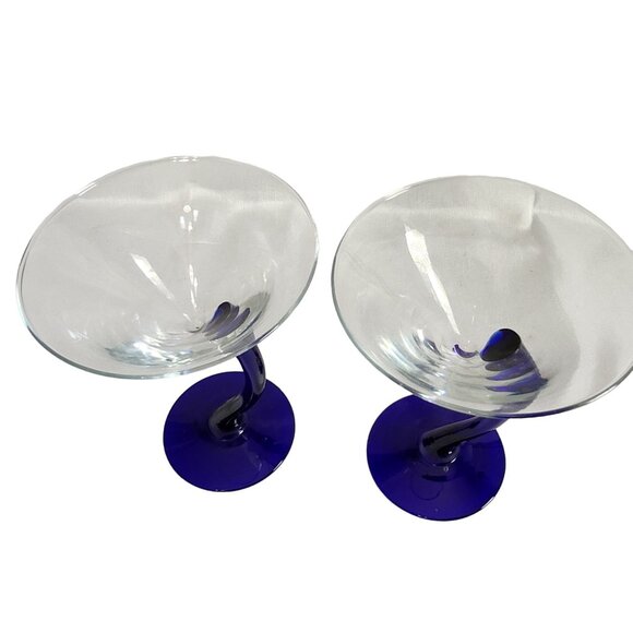 Set Of 2 Hand-Blown Blue‎ Stem Martini Glasses - Picture 5 of 8